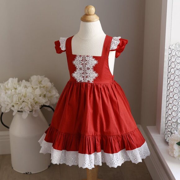 Red Pinafore Dress Embroidered Lace Eyelet Trim Size 2T/3T Perfect Condition - Picture 4 of 7